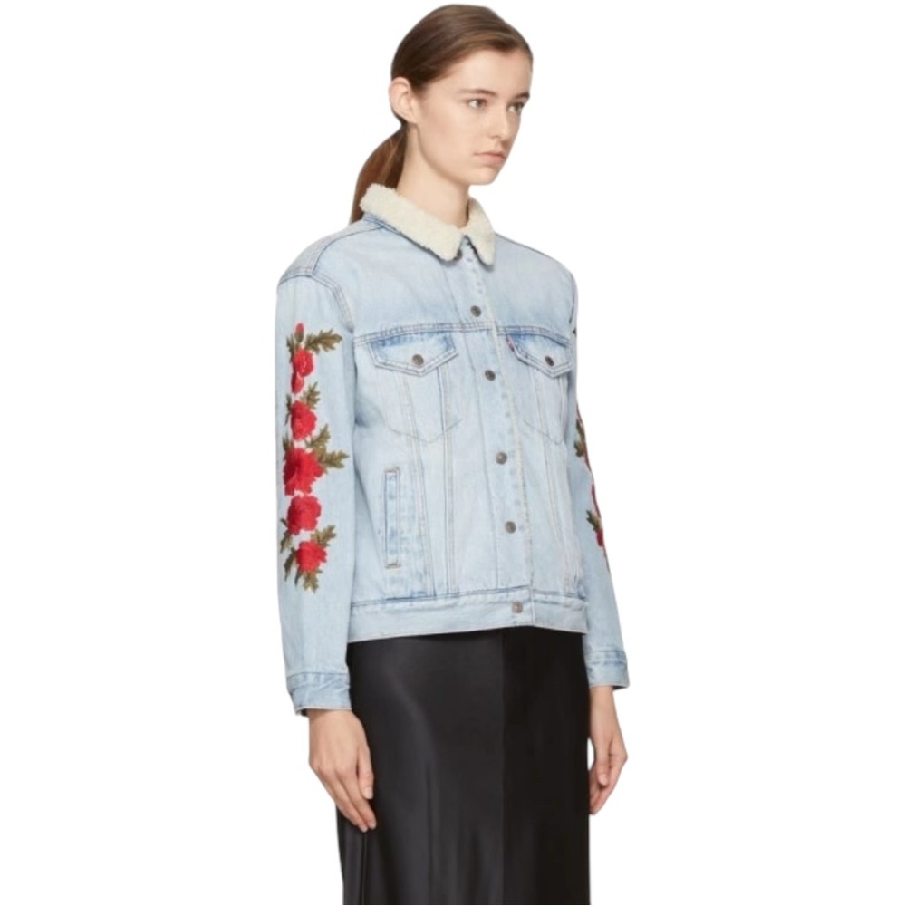Levi's Light Blue Denim Jacket with Red Floral Embroidery